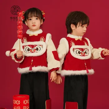 2024 Tradicinės Kinų Apranga Tango Kostiumas Vaikams Žiemos Hanfu Mergaitėms Berniukai Naujųjų Metų Dėvėti Dragon Red Kamšalu Striukė Rinkinys 1