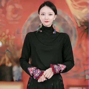 2024 m. nacionalinės gėlių siuvinėjimas stovėti apykaklės etninės marškinėliai streetwear kinijos derliaus bazės marškinėliai rytų elegantiškas retro t-shirt 1