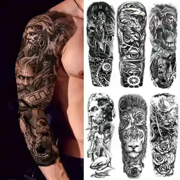 3D Full Rankovės Laikinos Tatuiruotės Rankovėmis Vyrams, Moterims Gėlių Netikrą Liūtas Tatuiruotė Lipdukas Trikampis Juodas Akių Didelis Tatoos Vandeniui 1