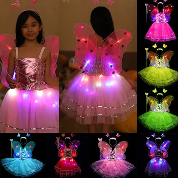4Pcs/set Vaikų Mergaičių Pasakų Šalis Mirksi Kostiumas Nustatyti Rankovių LED Tutu Suknelė 