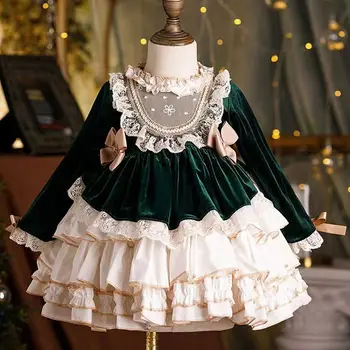 Baby Girl Aksomo, Nėrinių Lolita Princess Dress Kūdikiams, Vaikiška Vaikas Derliaus Elegantiškas Lankas Tutu Vestido Kalėdų Kūdikių Drabužiai 1-12Y 1