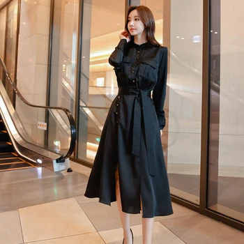 Iki 2023 M. Rudens Žiemos Korėjos Mados Black Satin Marškinėliai Suknelė Elegantiškas Moteris, Viena Breasted Nėrinių Diržas Padalinti Biuro Midi Drabužiai