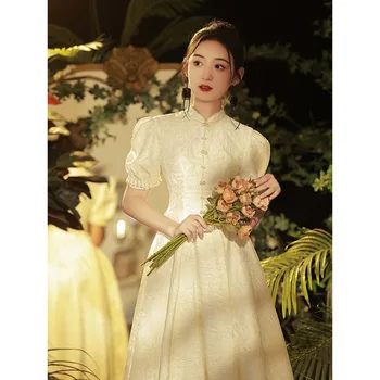 Kinų Stiliaus Moteris Baltos Spalvos Gėlių Siuvinėjimas, Vakaro Suknelės, Elegantiškos Linijos Ilgio Keltas Suknelės, Šaliai 1