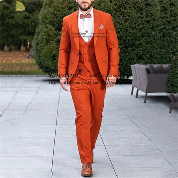 Mados Orange Vyrų Kostiumai, Vestuvių 3 Gabalus Rinkiniai Jaunikis Tuxedos Verslo Vyras Prom Sportinius Slim Fit Groomsmen Kostiumas Homme 1