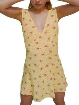 Moteriški Vasaros Bakas Mini Suknelė Gėlių Spausdinti V-Kaklo, Rankovių Backless Kaklaraištis-iki Slim Paplūdimio Suknelė 1