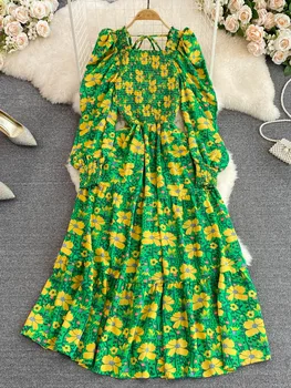 Moterys, Rudens Dress korėjos Versija Kvadratinių Iškirpte Burbulas Ilgas Rankovėmis Juostos Lieknėjimo-line Gėlių Elegantiška Suknelė D4731 1