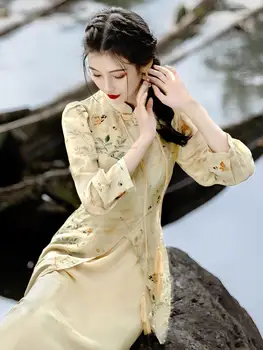 Naujas Kinų Stiliaus Kinijos liaudies Respublika, Pagerėjo Cheongsam Moterys Pavasarį, Vasarą, Elegantiškai Suklastotas dviejų dalių Spausdinti Qipao Suknelė 1