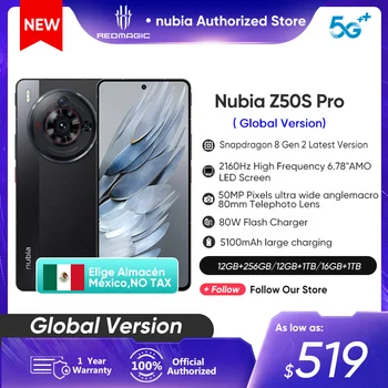 Nubija Z50S Pro 5G Pasaulio Versija 6.78 colių 120Hz AMOLED lankstus Snapdragon 8 Gen 2 Naujausias 50MP Dual Kameros 80W spartusis įkrovimas 1