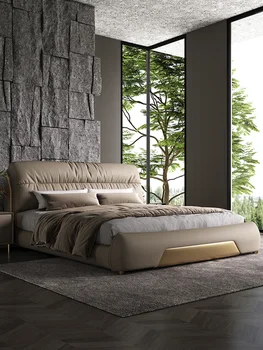 Oda lova Modernus minimalistinio 1.8 metrų Odiniai minkšti paketą, miegamojo dvigule lova 1