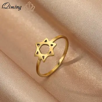 QIMING Pentacle Žvaigždė Davidas Žiedai, Nerūdijančio Plieno Žydų Simbolis Papuošalai Moterims, Vienas Žiedas 1