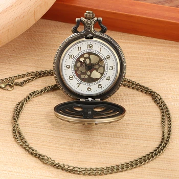 Retro Bronza Kišenėje Žiūrėti Tuščiaviduriai Atveju Kvarco Dizaino Steampunk Aukso Arabų Dial Karoliai Pakabukas Laikrodis Vyrams, Moterims Reloj De Bolsill 1