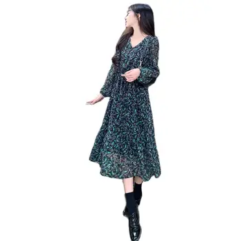 Yangyang prancūzijos Šviesą Žalia V-kaklo Gėlių Mados Moterų Suknelė ilgomis Rankovėmis Rudenį 2023 Naujas Ilgas Sijonas Juosmens Arbatos Pertrauka Sijonas Banga