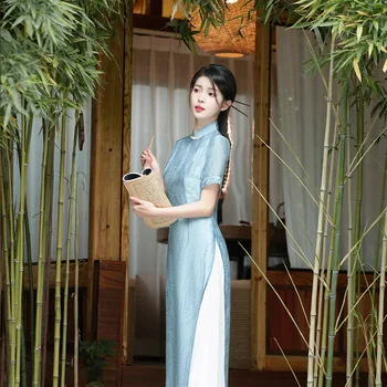 Yourqipao Vasaros 2023 Ilgai Šviesiai Mėlyna Pagerėjo Cheongsam Dvigubo sluoksnio Elegantiškas Ao Dai Kasdien Qipao Kinų Stiliaus Suknelė Moterims 1