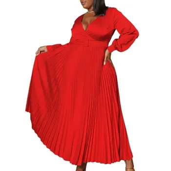 2023 Afrikos Maxi Suknelės Moterims Rudenį Elegantiškas ilgomis Rankovėmis V-kaklo, vientisos Spalvos Šalies Vakarą Klostyti Suknelė Afrikos Drabužiai 2