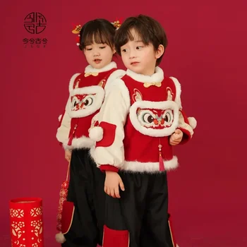 2024 Tradicinės Kinų Apranga Tango Kostiumas Vaikams Žiemos Hanfu Mergaitėms Berniukai Naujųjų Metų Dėvėti Dragon Red Kamšalu Striukė Rinkinys 2