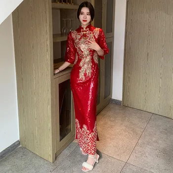 Bordo Derliaus Moterų Qipao Išskirtinį Cheongsam Kinų Suknelė Seksualus Aukštis Padalinta Vakare Šalis Suknelė Mandarinų Apykaklės Vestidos 2