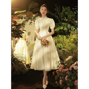 Kinų Stiliaus Moteris Baltos Spalvos Gėlių Siuvinėjimas, Vakaro Suknelės, Elegantiškos Linijos Ilgio Keltas Suknelės, Šaliai 2