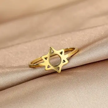 QIMING Pentacle Žvaigždė Davidas Žiedai, Nerūdijančio Plieno Žydų Simbolis Papuošalai Moterims, Vienas Žiedas 2
