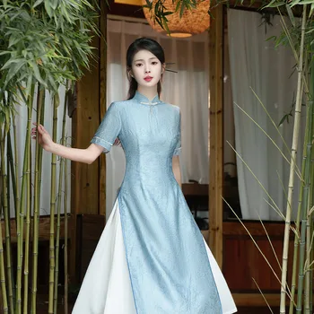 Yourqipao Vasaros 2023 Ilgai Šviesiai Mėlyna Pagerėjo Cheongsam Dvigubo sluoksnio Elegantiškas Ao Dai Kasdien Qipao Kinų Stiliaus Suknelė Moterims 2