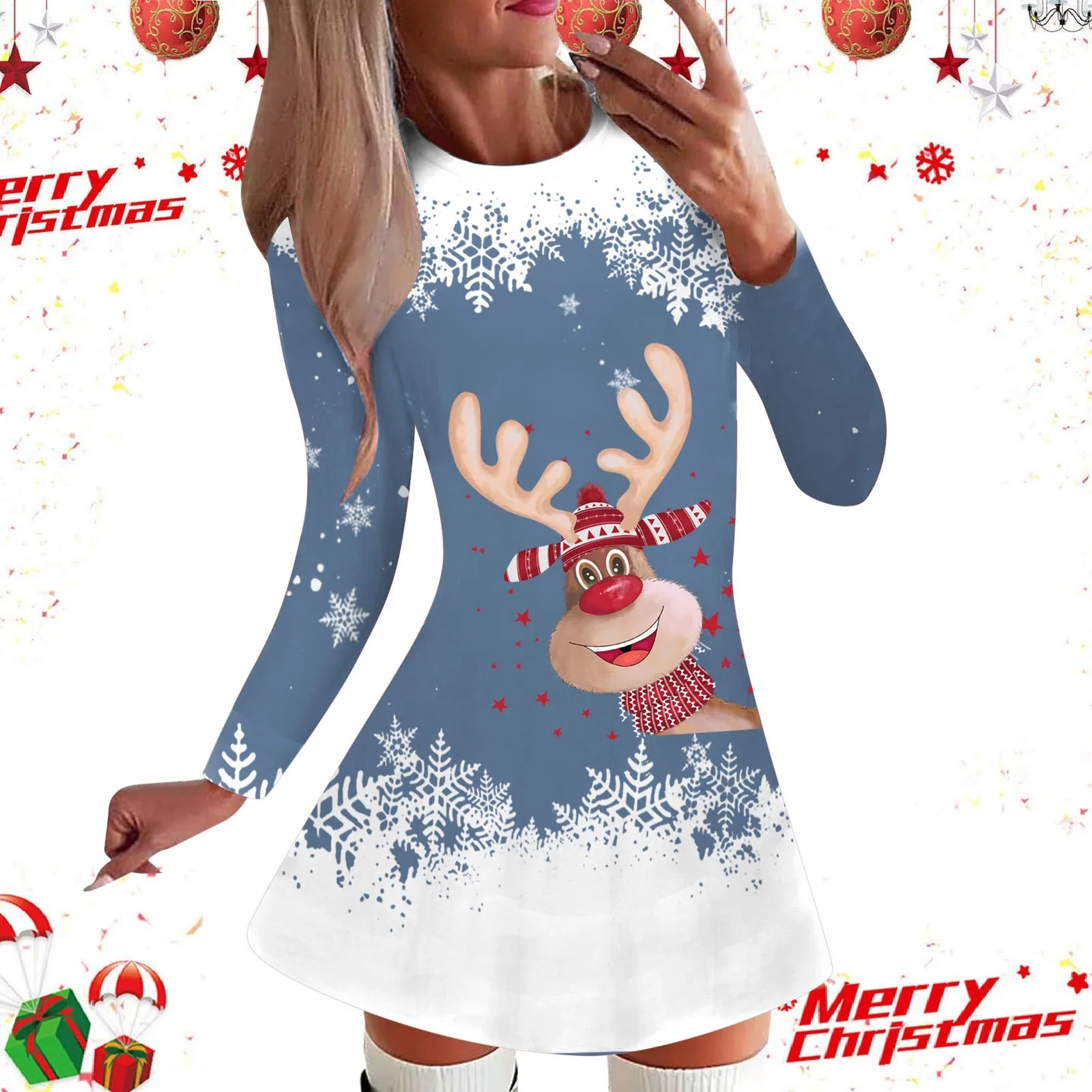 Animacinis Briedis Suknelė Moterims Kalėdų Snaigės Vakarą Vestidos Žiemos Ilgos Rankovės Mini Suknelės Kalėdos Retro-Line Šalies Drabužių Nuotrauka 5