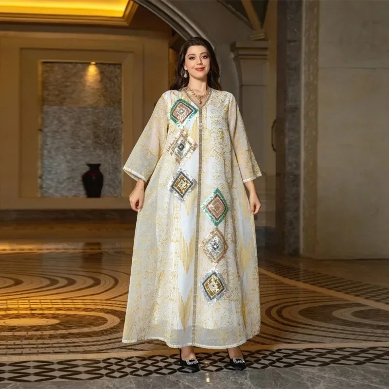 Artimųjų Rytų Dubajus Kaftan Blizgančiais Indijos Dresses Prom Abaja Balto Šifono Megztinis, Siuvinėta Suknelė Musulmonų Vakarienė Skraiste Nuotrauka 1