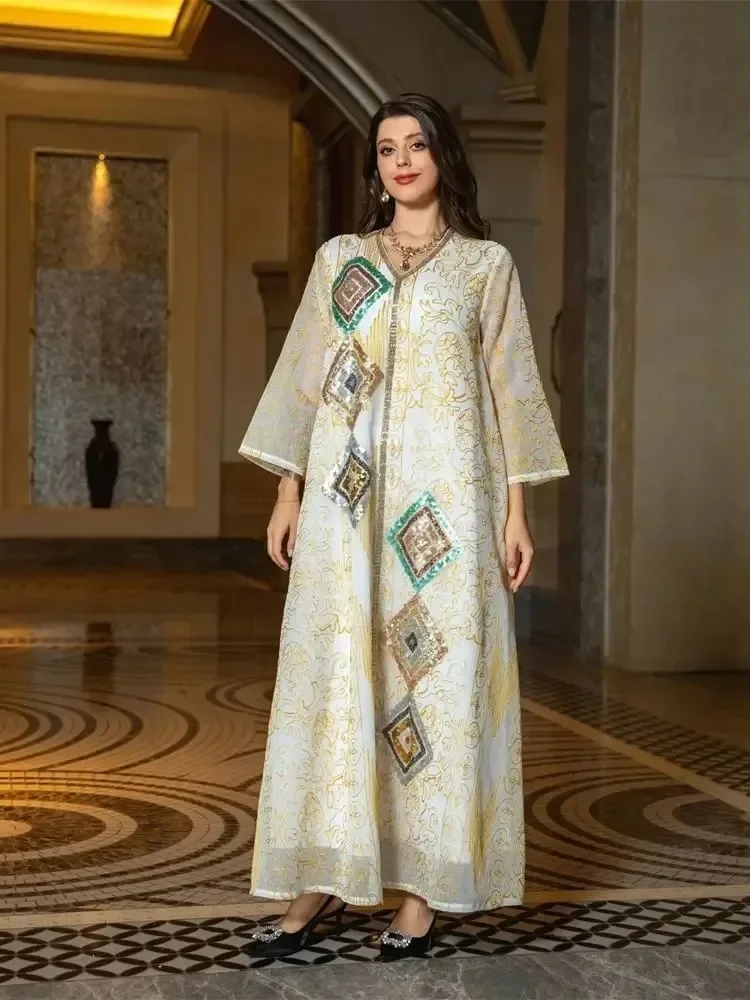 Artimųjų Rytų Dubajus Kaftan Blizgančiais Indijos Dresses Prom Abaja Balto Šifono Megztinis, Siuvinėta Suknelė Musulmonų Vakarienė Skraiste Nuotrauka 4