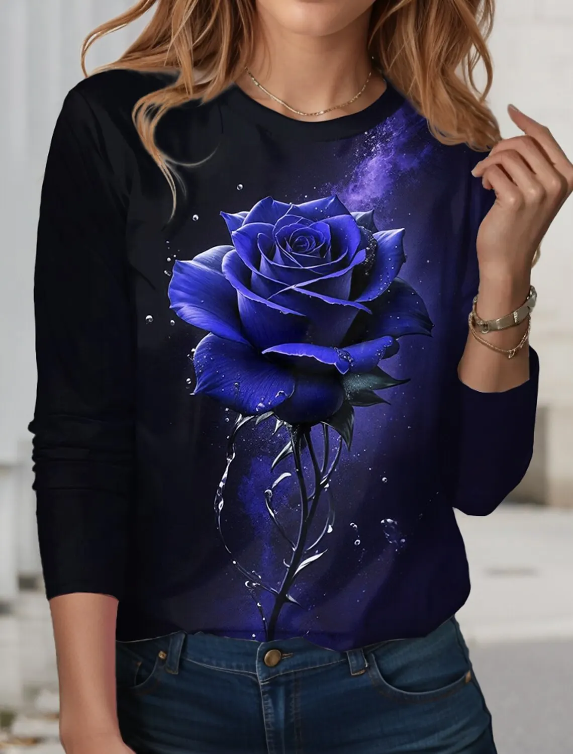 Moteriški marškinėliai Tee Gėlių Rožinė Mėlyna Žalia Rose Spausdinti ilgomis Rankovėmis Švenčių Savaitgalis Mados Apvalios Kaklo Reguliarus Fit Spring & Fall Nuotrauka 3