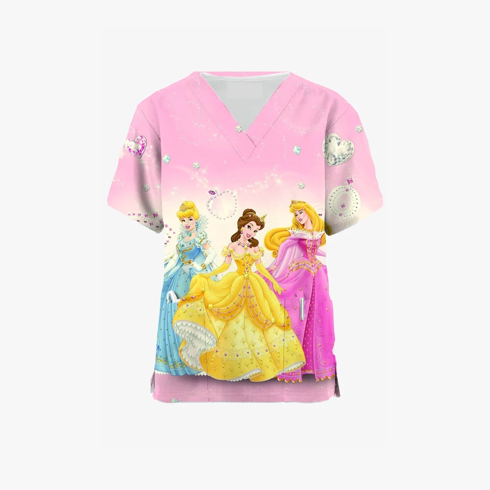 Vasaros laboratorijos darbo drabužiai šveitimas kostiumas moterų Disney Princess serija atspausdinta V-kaklo, trumpas rankovėmis slaugytoja vienodus marškinėlius viršų Nuotrauka 1