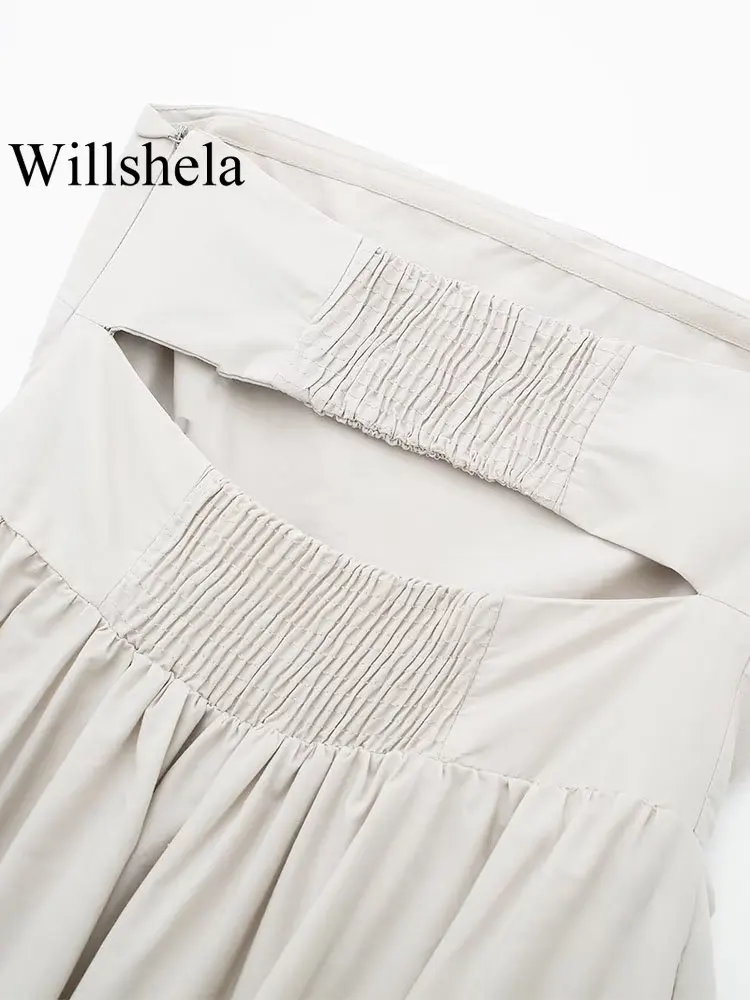 Willshela Moterų Mados Smėlio Spalvos Klostuotas Atgal Tuščiaviduriai Iš Pusėje Užtrauktukas Midi Suknelė Vintage Stebėjimo Velniop Kaklo Moterų Elegantiškos Suknelės Nuotrauka 1