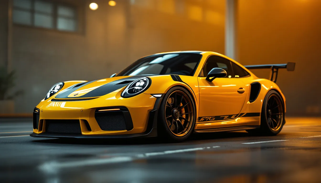 A sleek Porsche 911 GT3 RS in stunning Racing Yellow, low and aggressive stance, metallic paint glistening in dramatic contrast lighting. Cinematic depth of field, photorealistic 8K render with ray-traced reflections on glossy bodywork and carbon fiber accents.